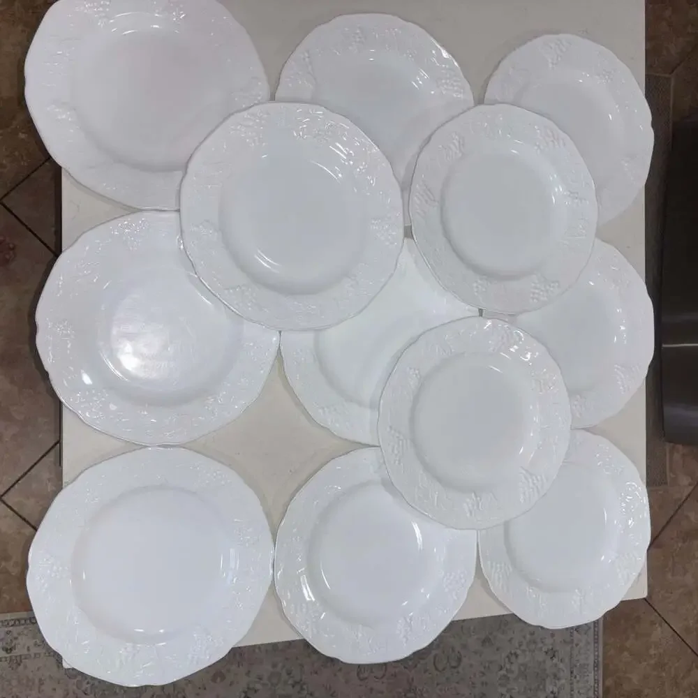 Vintage Indiana Glass Colony Harvest Grape White Milk Glass Dinner Plates (12)